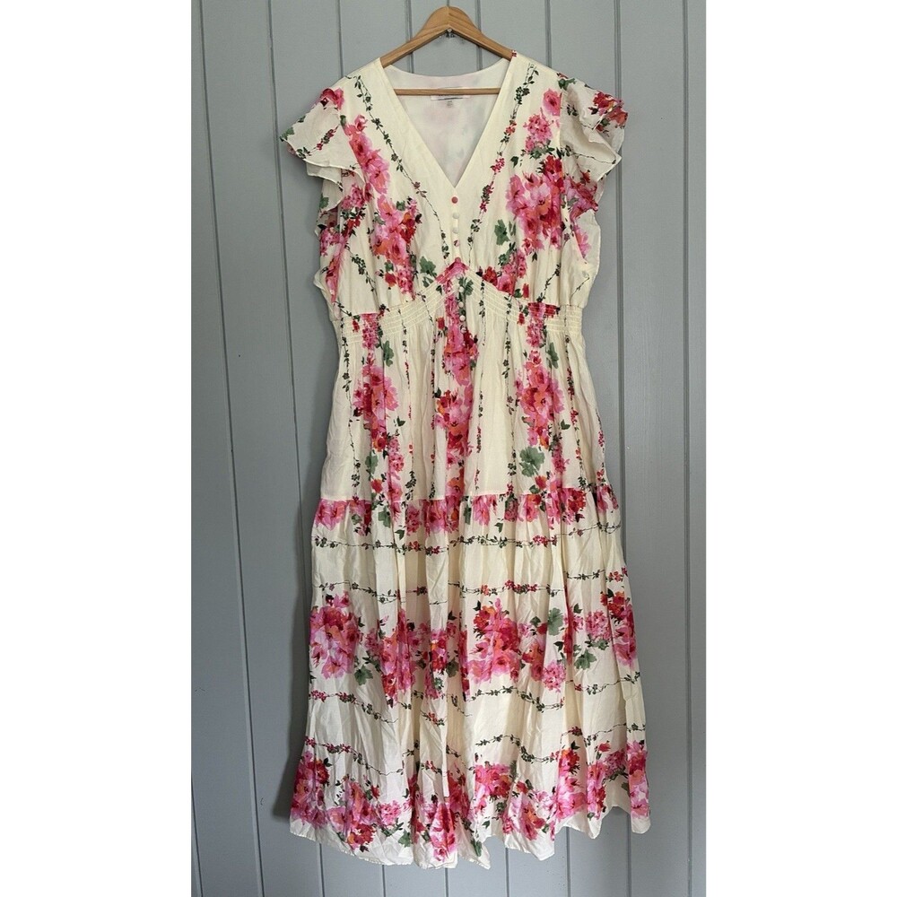 Taylor Maxi Dress 22W Cap Sleeve V-Neck Pink Floral Cottage Cotton Lined